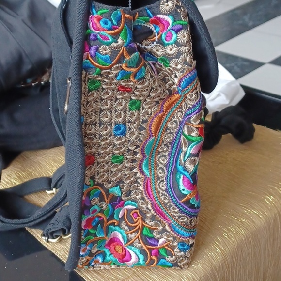 Embroidered Colorful Backpack Purse Black Sling Bird Floral Geometric, 9x11x5 main image 8